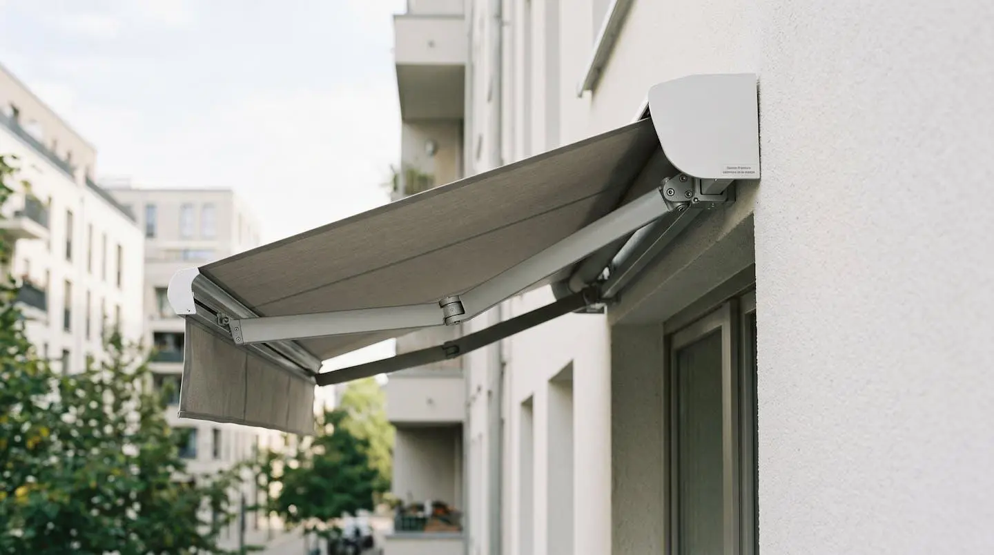 Gros plan sur store banne coffre compact fixé sur façade blanche, bras articulés visibles, toile beige semi-déployée