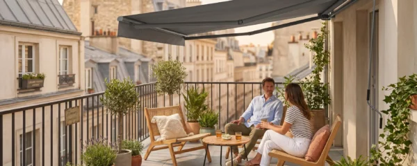 Petite terrasse urbaine de 5 m² avec store banne gris déployé créant une zone ombragée, mobilier contemporain et plantes en pot, immeubles en arrière-plan