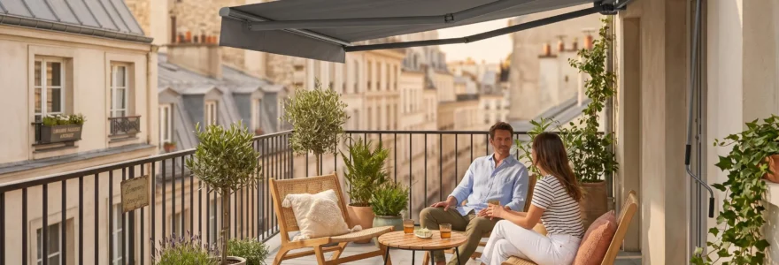 Petite terrasse urbaine de 5 m² avec store banne gris déployé créant une zone ombragée, mobilier contemporain et plantes en pot, immeubles en arrière-plan